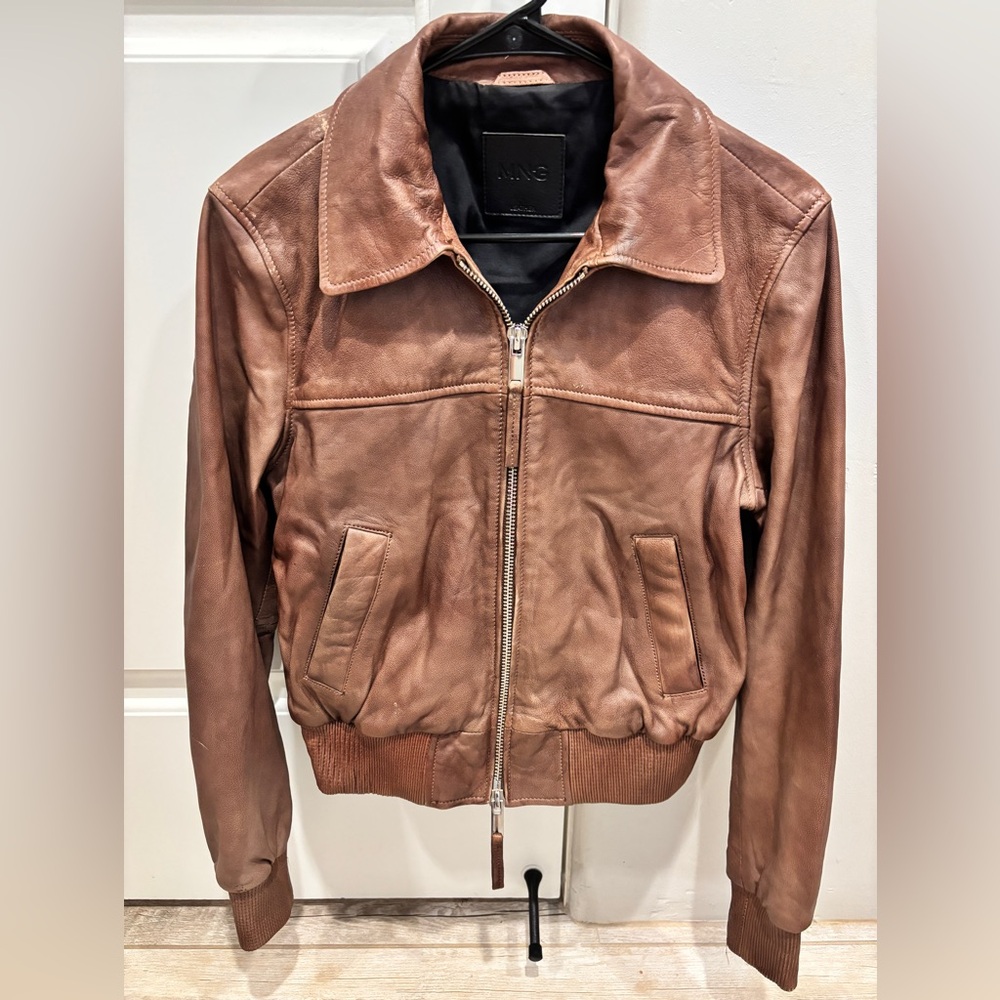 Mango MNG Leather Bomber Jacket